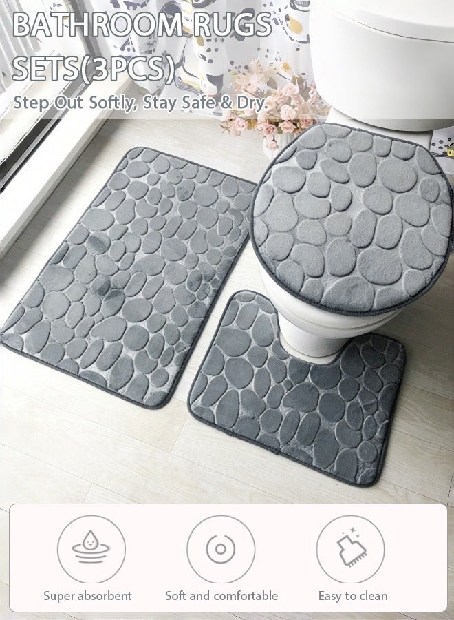 شو وو مجموعات سجاد الحمام 3 قطع ، حصائر حمام مرصوفة بالحصى من الإسفنج المرن سميكة للغاية ، حصائر حمام غير قابلة للانزلاق للحمام ، ماصة للماء ، سجاد حمام رمادي غامق قابل للغسل للحوض والمرحاض والأرضية - Image 1